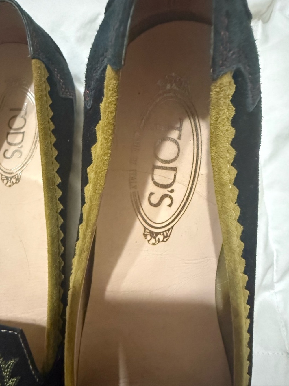 Tod's Black Suede Loafers with Olive Embroidery and Mustard Trim 40 10 - Picture 2 of 10